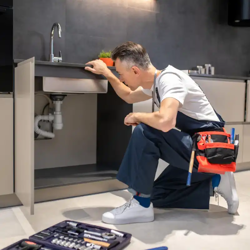 A maintenance worker kneels beside a modern kitchen sink, inspecting the plumbing while surrounded by various tools in a kit A maintenance worker kneels beside a modern kitchen sink, inspecting the plumbing while surrounded by various tools in a kit