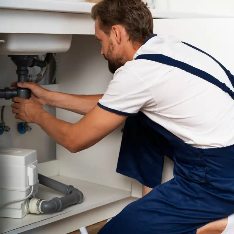 A person in blue overalls works under a sink, adjusting pipes and fittings, with various plumbing materials scattered around A person in blue overalls works under a sink, adjusting pipes and fittings, with various plumbing materials scattered around