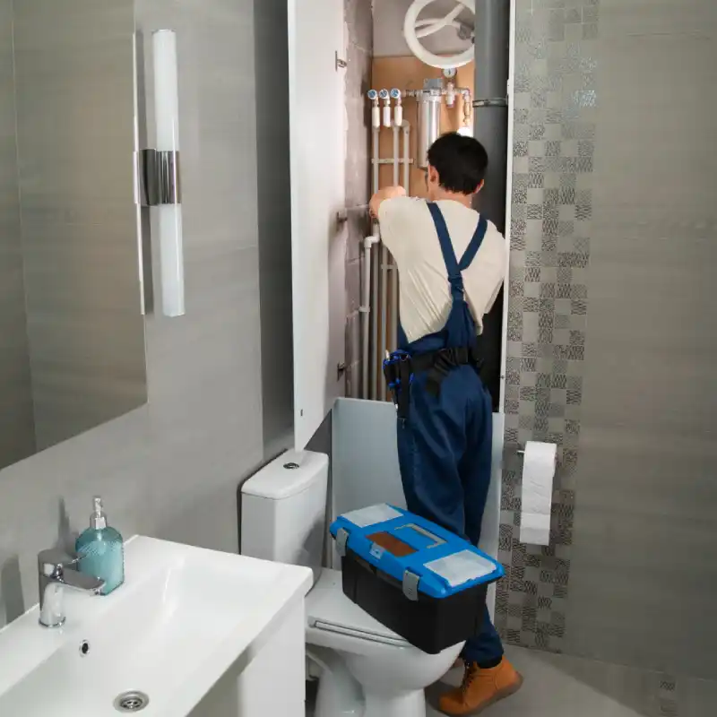 A plumber in a blue jumpsuit works on pipes behind a cabinet in a modern bathroom, with tools on the toilet nearby A plumber in a blue jumpsuit works on pipes behind a cabinet in a modern bathroom, with tools on the toilet nearby